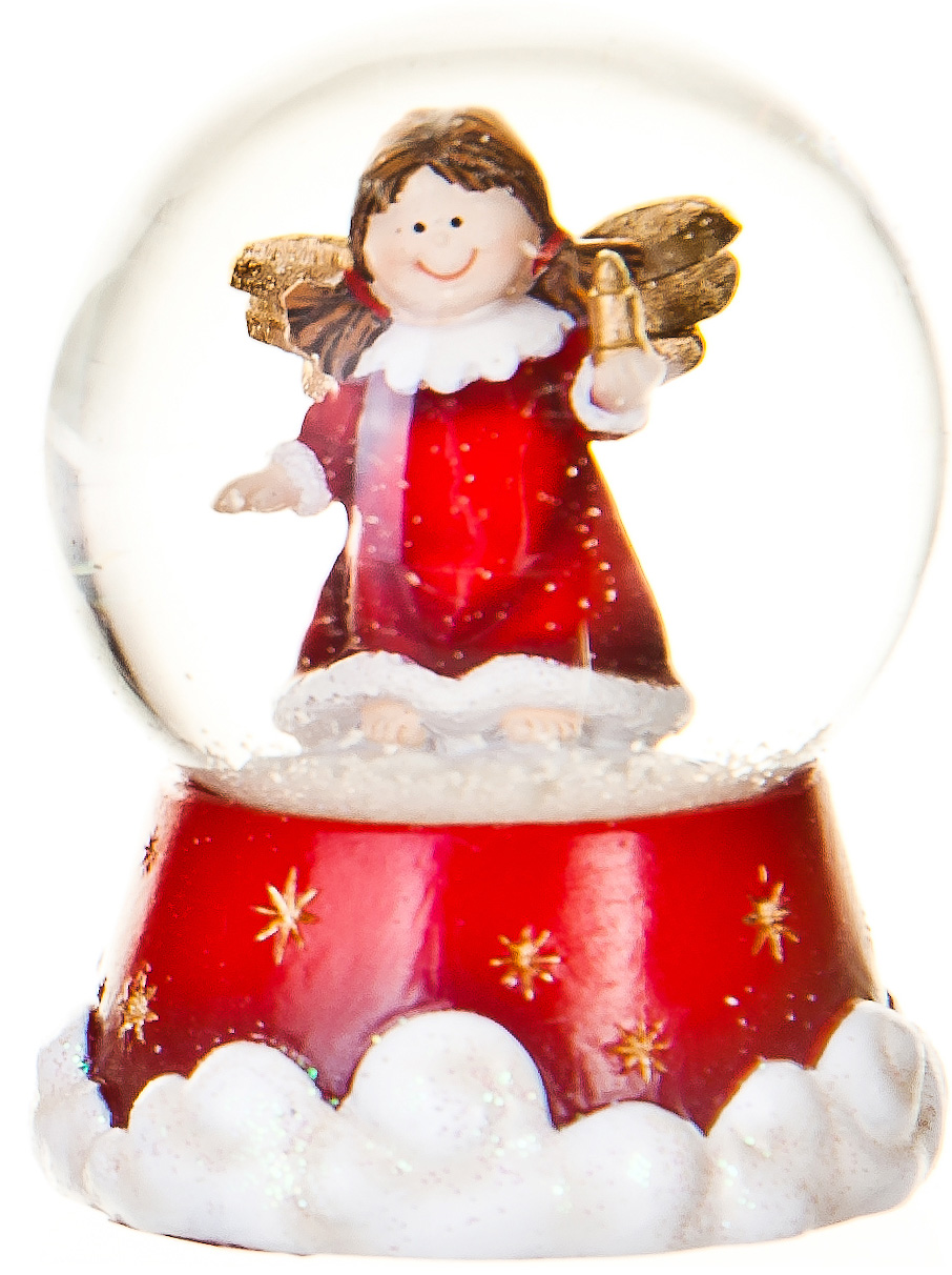 Červené sněžítko s andílkem na mráčku, který drží svíčku