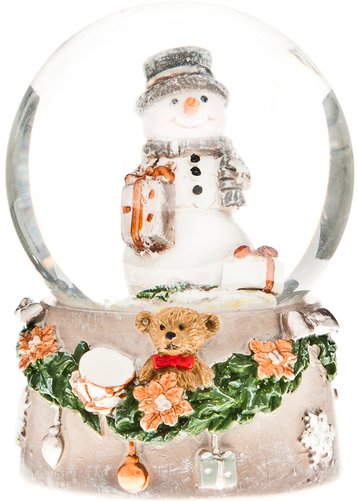 Sněžítko sněhulák s dárkem na podstavci s medvídkem
